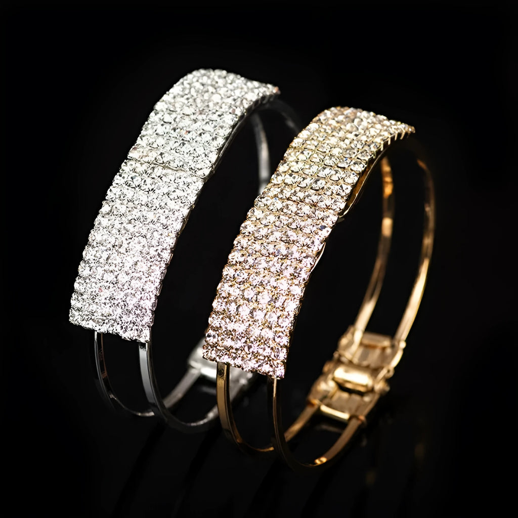 Multi-row rhinestone bracelet on alloy frame, gold colour, Korean style, clean rhinestone inlays
