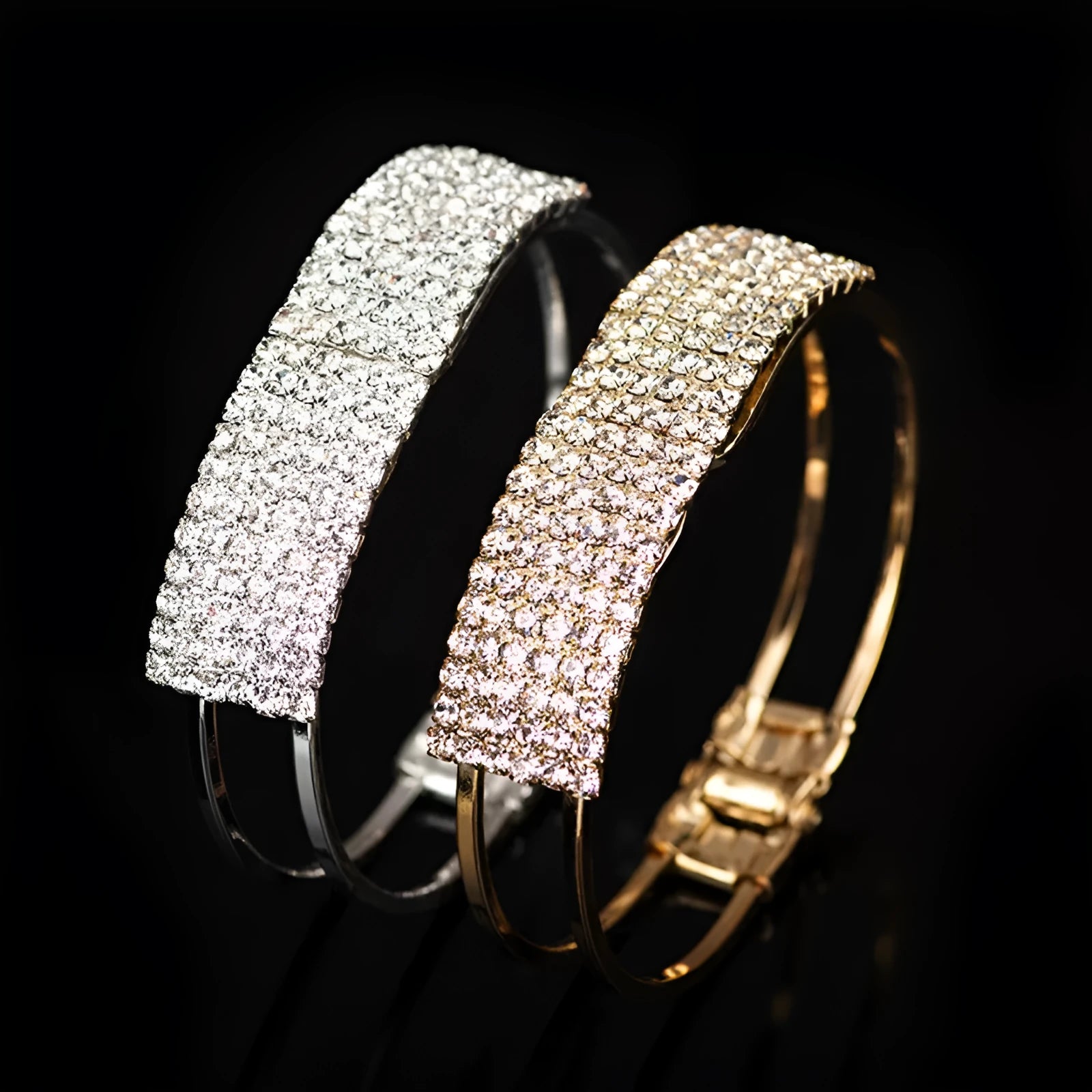 Multi-row rhinestone bracelet on alloy frame, gold colour, Korean style, clean rhinestone inlays