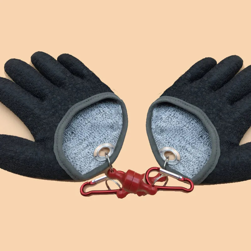 Pair of black anti-slip fish catching gloves shown against a neutral background, size L