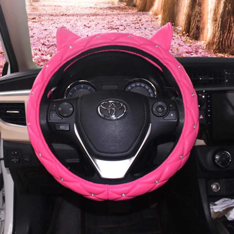 PU leather steering wheel cover with rhinestones, super cute ear series, 36cm or 38cm, in black or rose red
