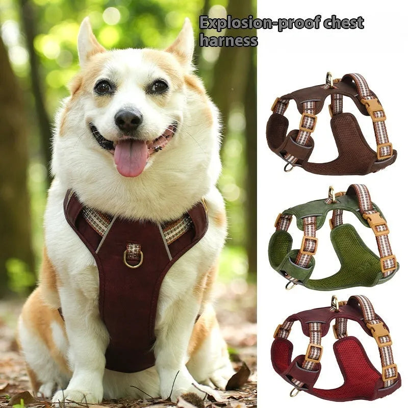 Brown explosion-proof reflective leather dog harness shown on dog with traditional design