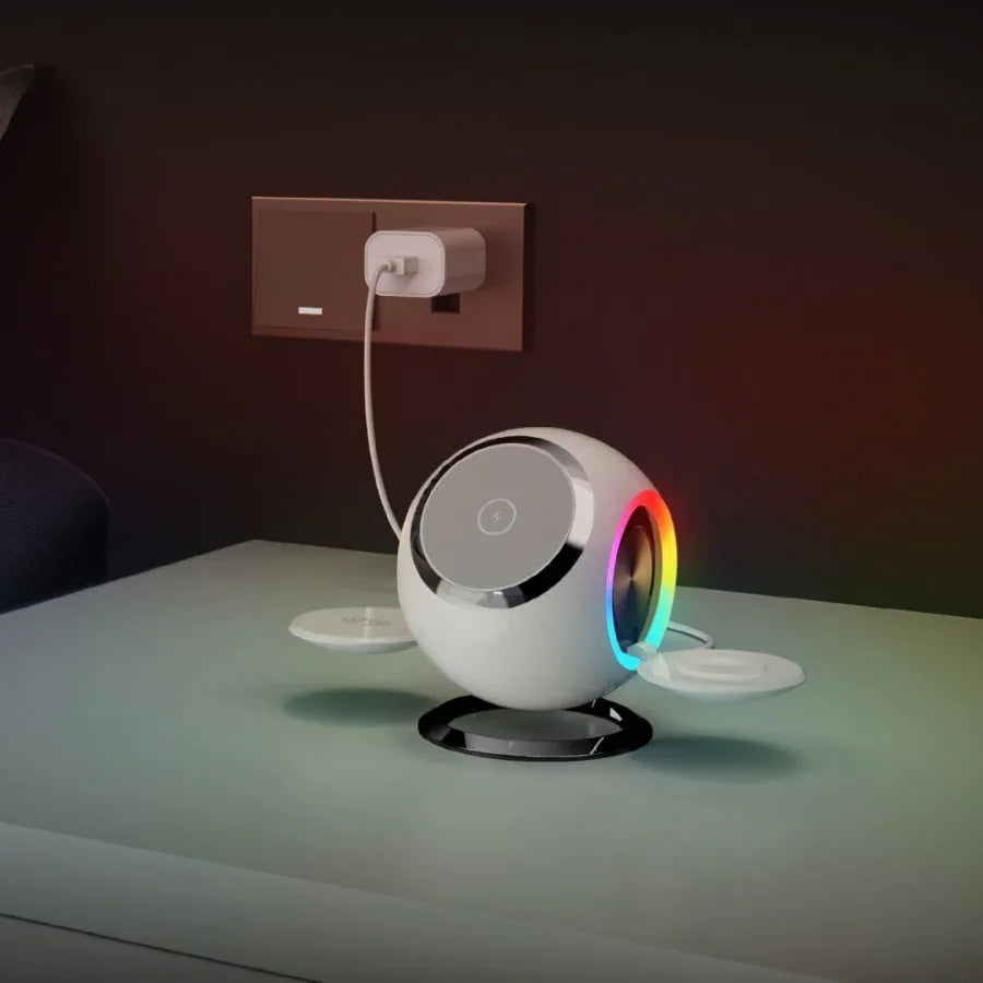 White spherical ambience light vertical magnetic wireless charger with QC3.0 support