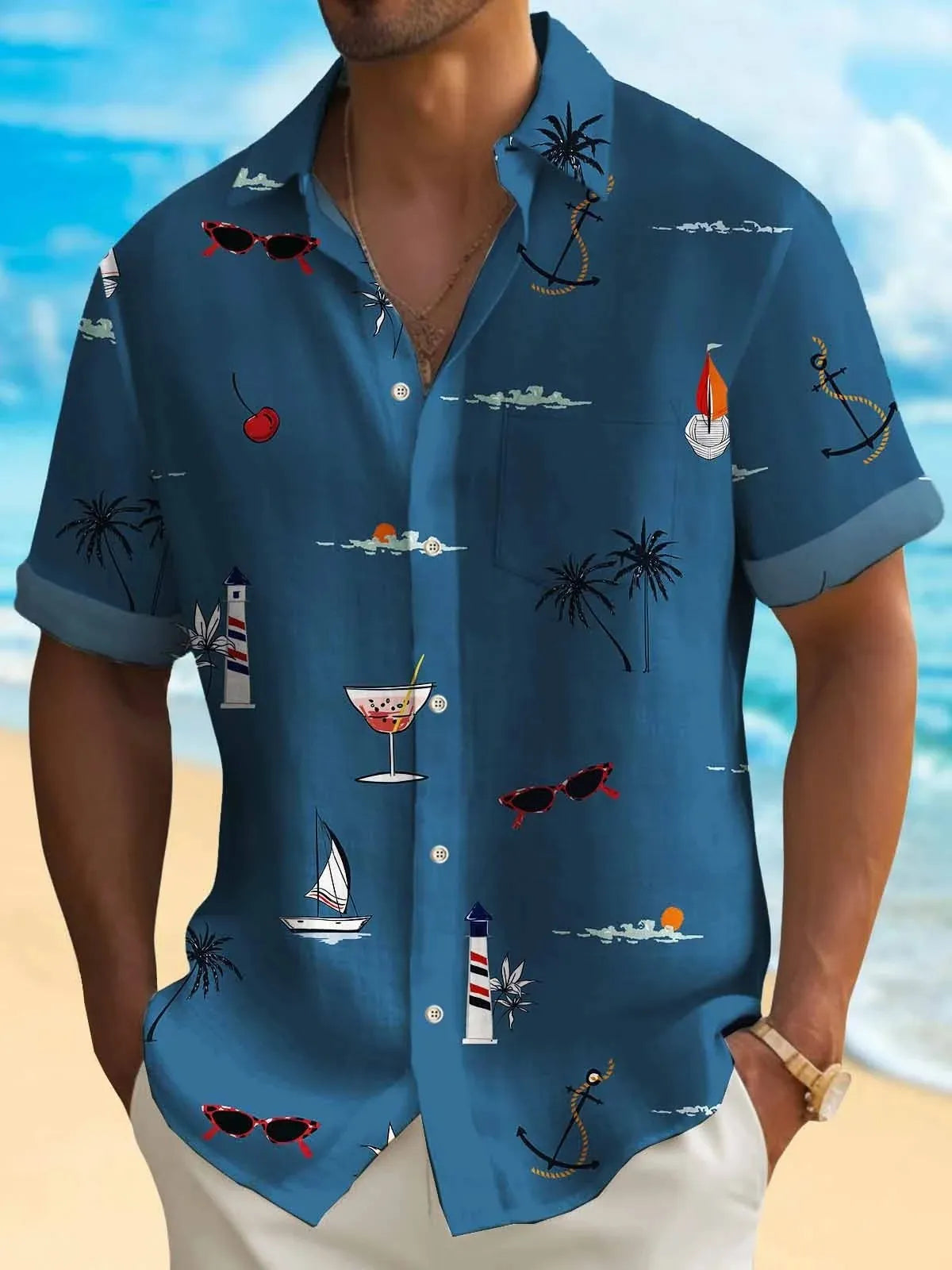 Man wearing a loose-fit, short-sleeve Hawaiian shirt with a colourful digital print pattern.