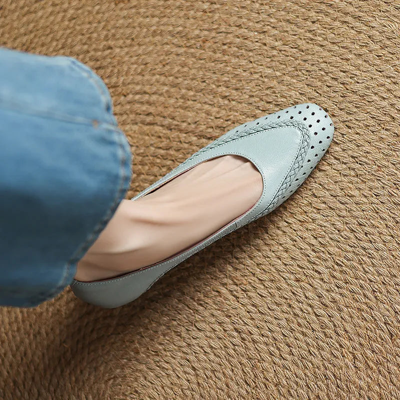 Women's plus size mid heel sandals with hollow-out design in light blue colour