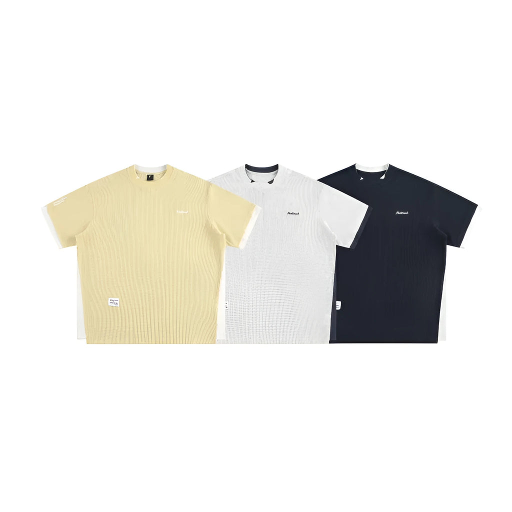 Retro alphabet embroidered waffle knit t-shirt in loose fit with navy blue, yellow or white flower grey colour options