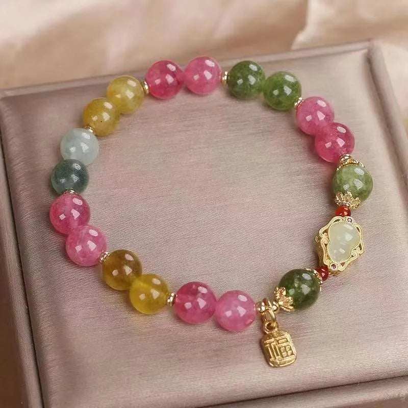 Colourful tourmaline gourd blessing card bracelet with flower shape and electroplated mixed materials