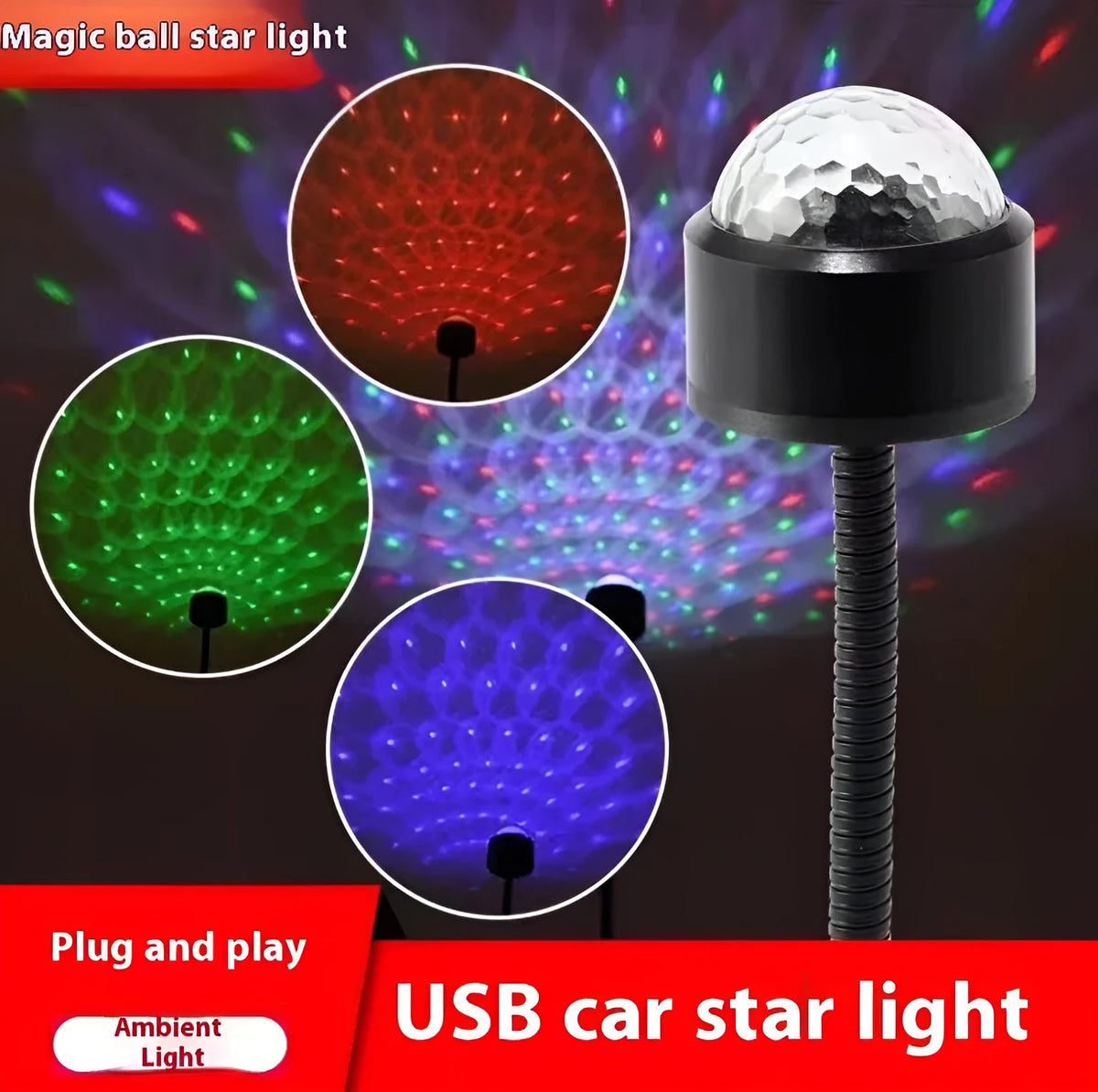 Black ABS USB car atmosphere projection star light, 5V 0.1W, for general vehicle models