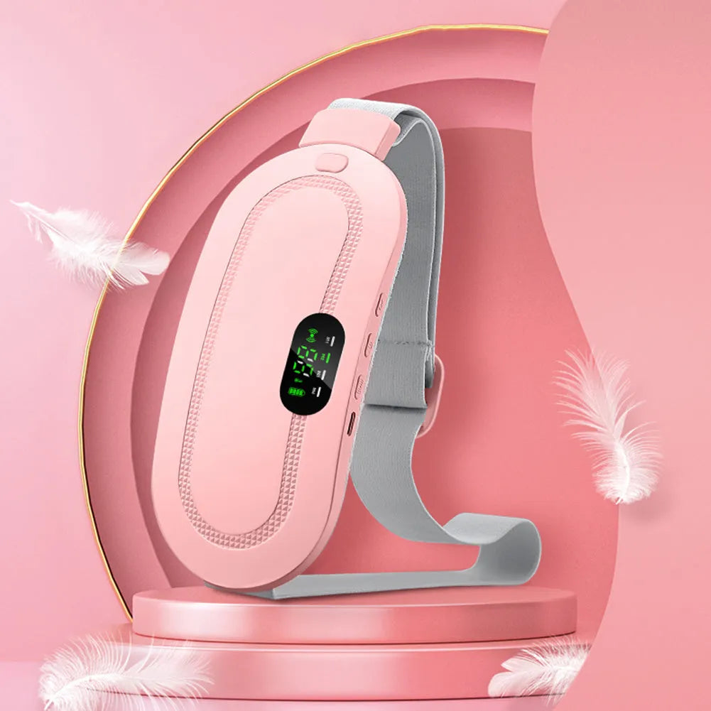 Pink menstrual heating pad with controller displaying temperature settings and vibration options