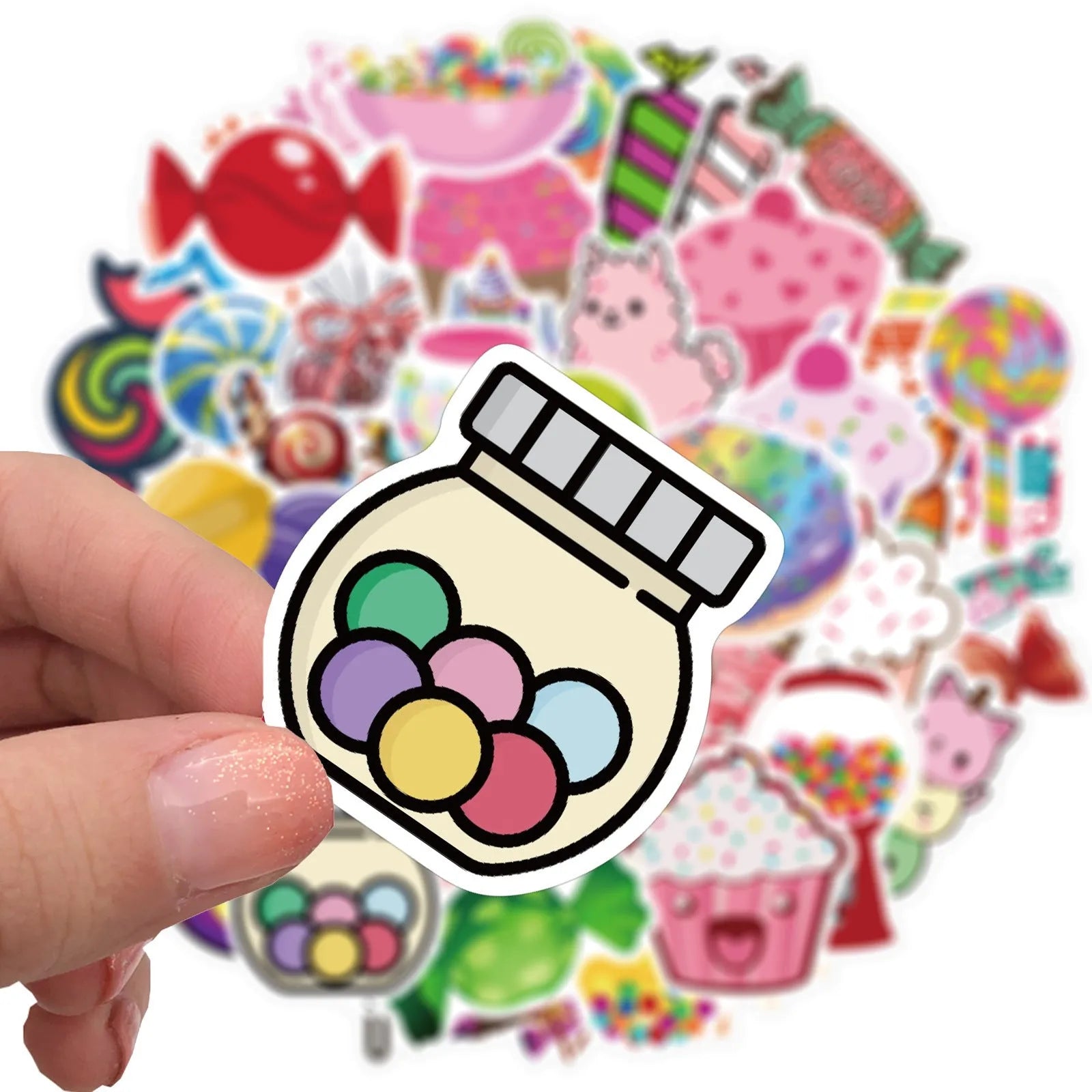 Candy series graffiti stickers pack showing colourful cartoon designs on 50 adhesive sheets