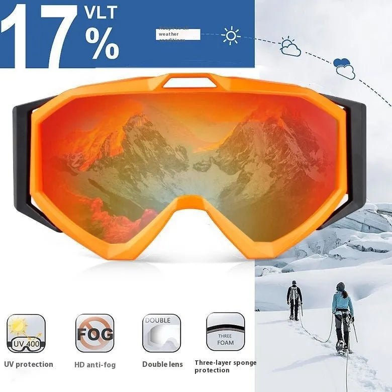 Motorcycle goggles with TPU frame and double-layer lens in assorted colours on a storage cloth bag.