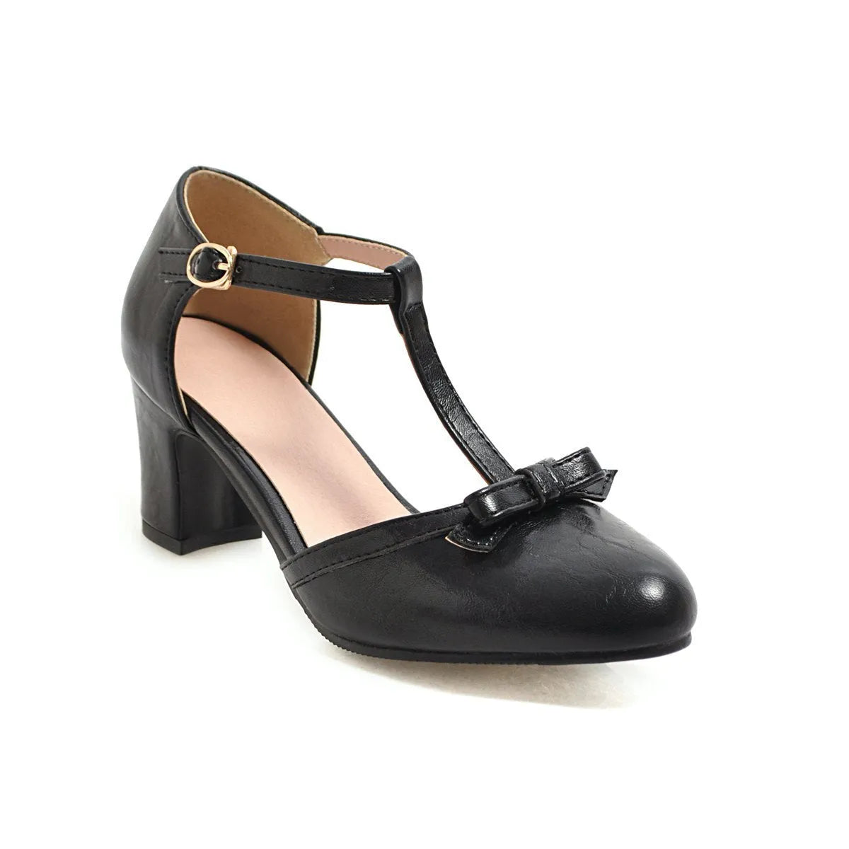 Women's apricot coloured sandals with a chunky heel, buckle strap, and bow detail on the toe.