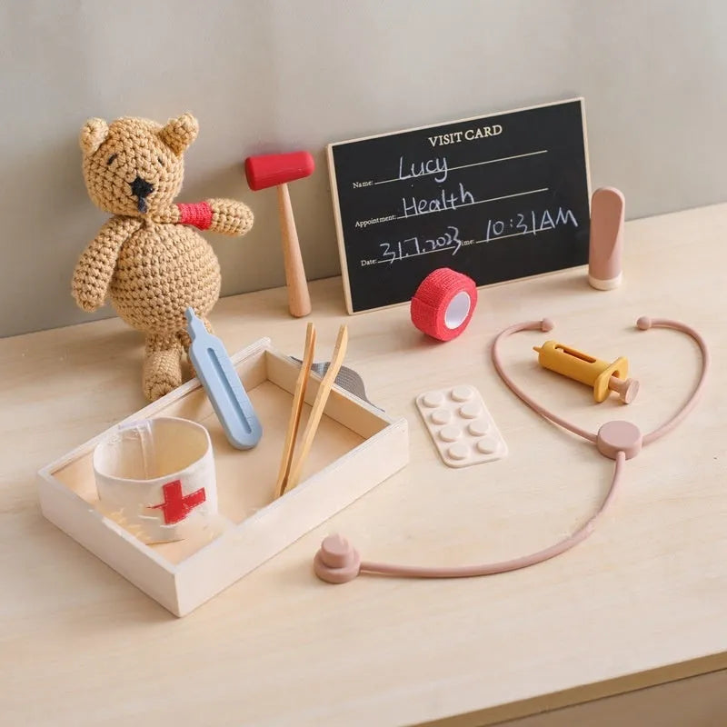 Wooden toy doctor stethoscope with silicone earpieces for children's pretend play