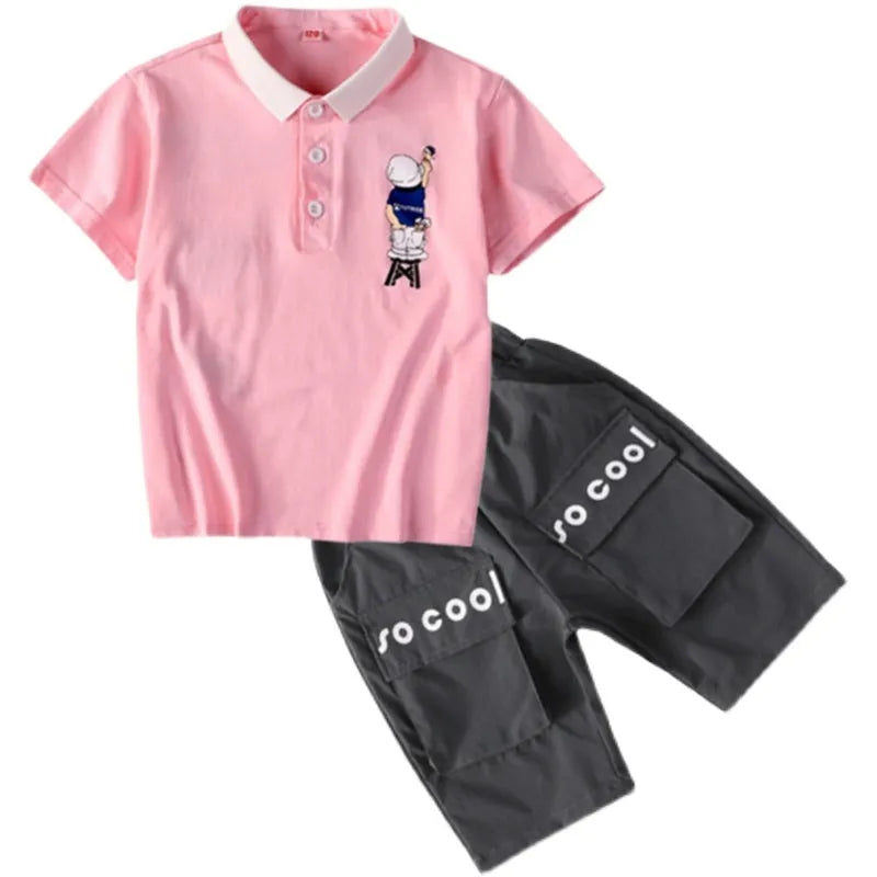 Boys summer cotton short-sleeved suit set with cartoon pattern in khaki, pullover design, sizes 110-160cm