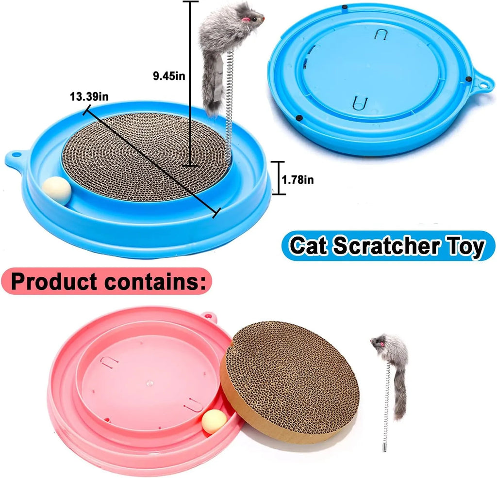 Blue circular cat scratcher toy with ball track and replaceable cardboard scratching surface