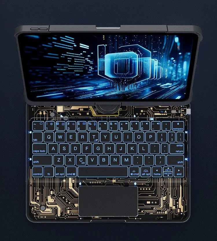 360 swivel iPad keyboard case with transparent backplate and telescopic pen slot in black colour option