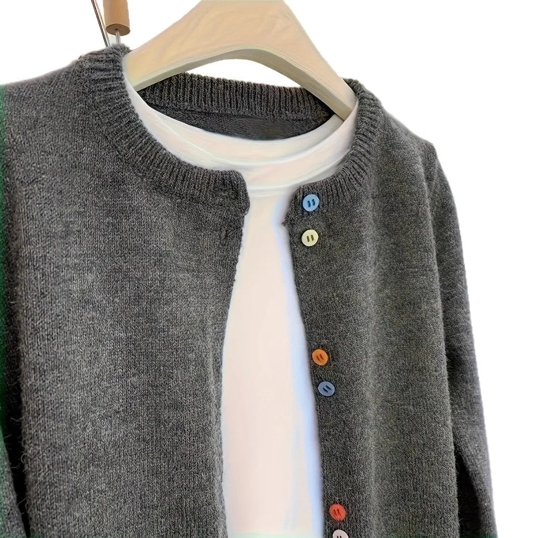 Dark grey women's polyester cardigan sweater with buttons and long sleeves on a hanger.