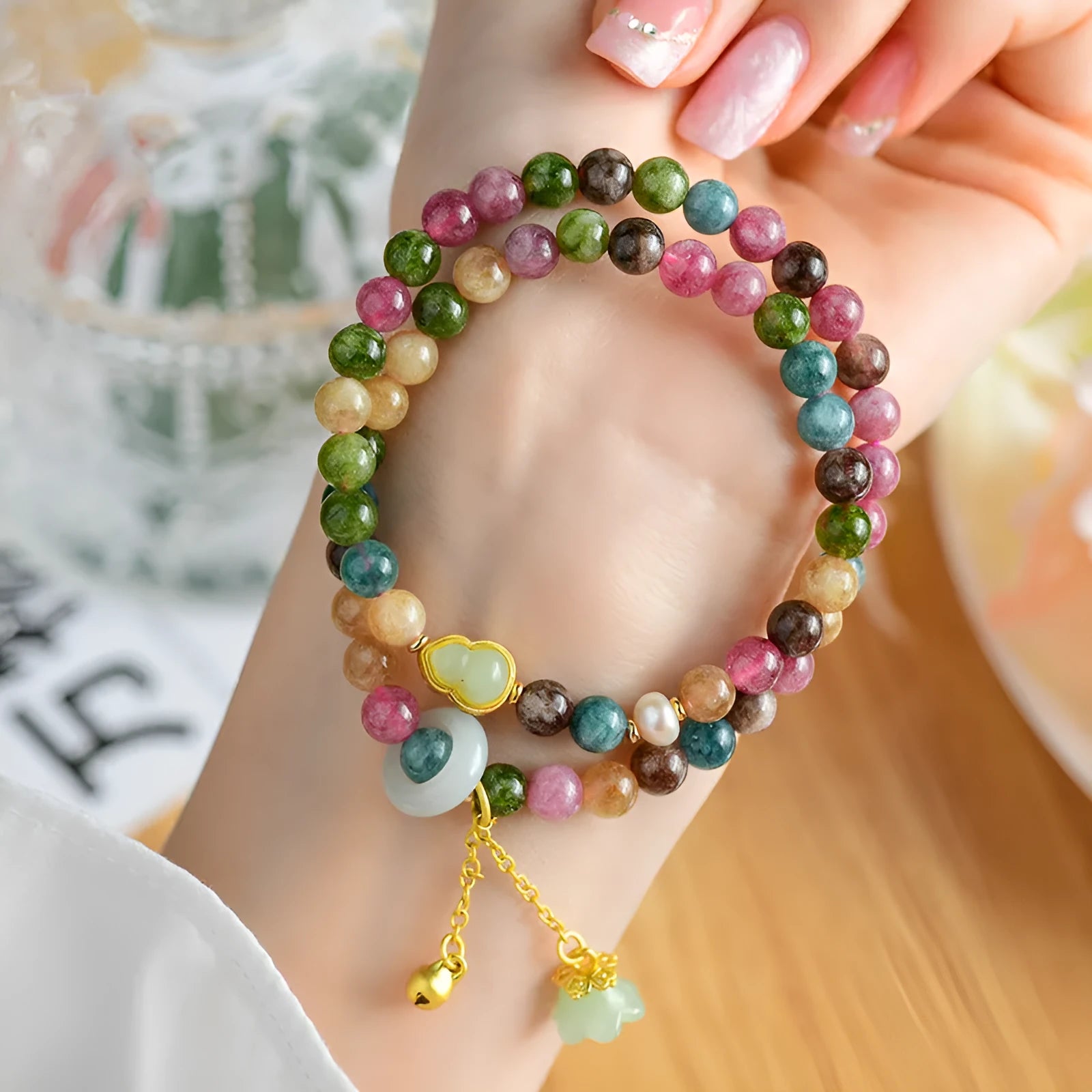 Women's double circle bracelet made from natural chalcedony with 6-6.5mm geometry beads.