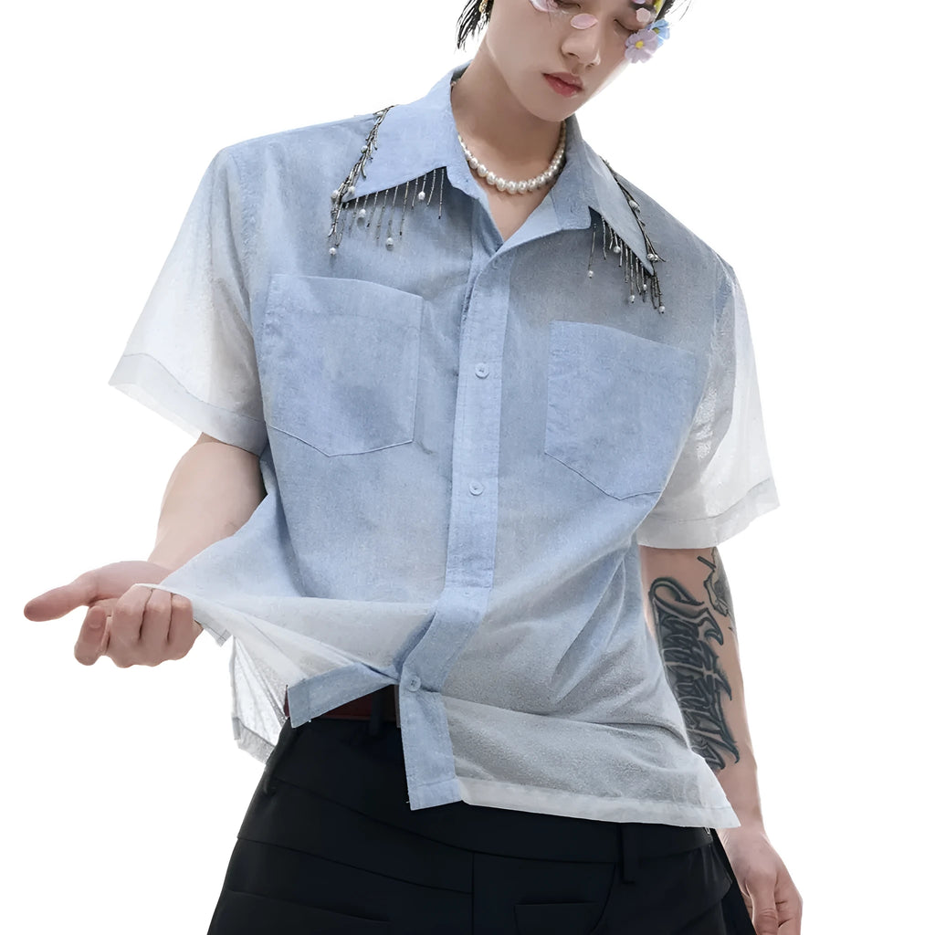 Men's loose fit blue and white gradient short sleeve shirt with quilted details