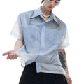 Men's loose fit blue and white gradient short sleeve shirt with quilted details