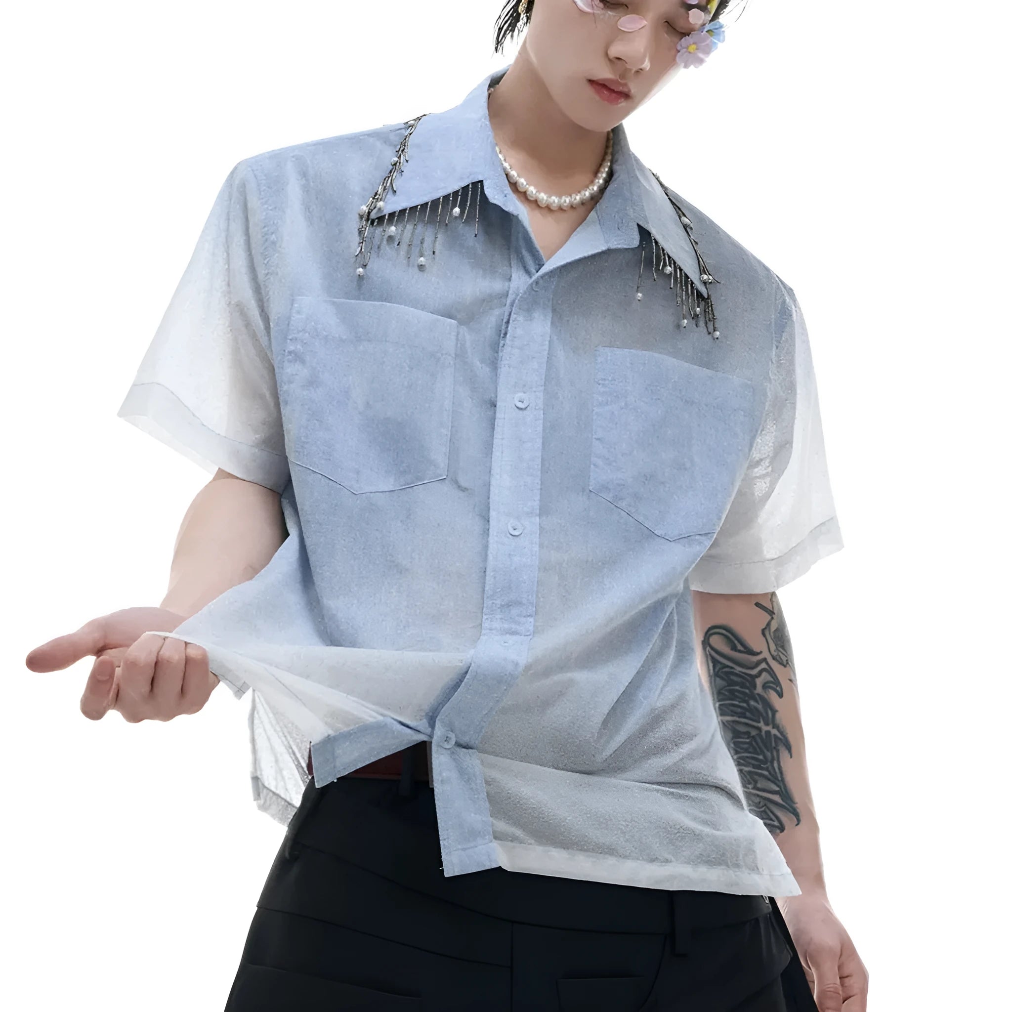 Men's loose fit blue and white gradient short sleeve shirt with quilted details