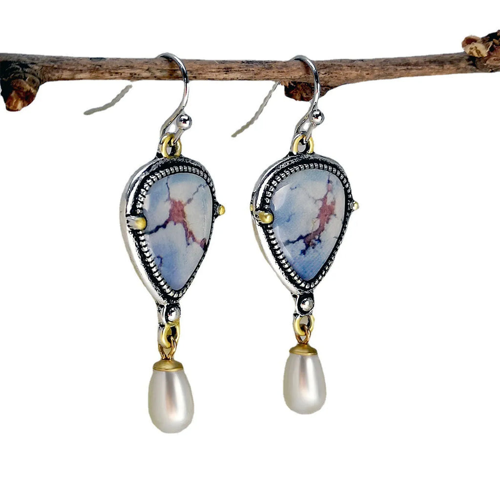 Retro blue drop earrings with geometric bohemian design and synthetic opal pearl accents