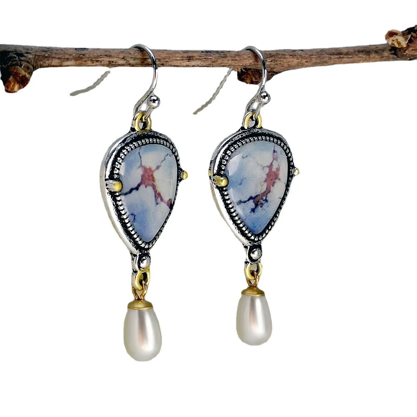 Retro blue drop earrings with geometric bohemian design and synthetic opal pearl accents