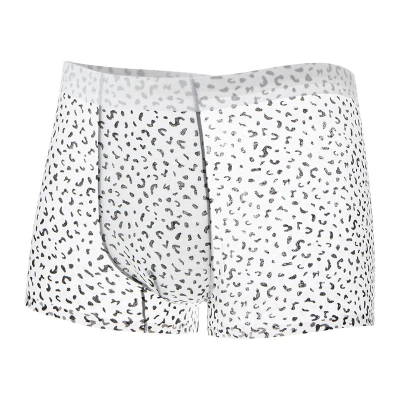 Men's black leopard print ice silk boxer shorts with mid waist, shown alongside zebra and geometric pattern options.