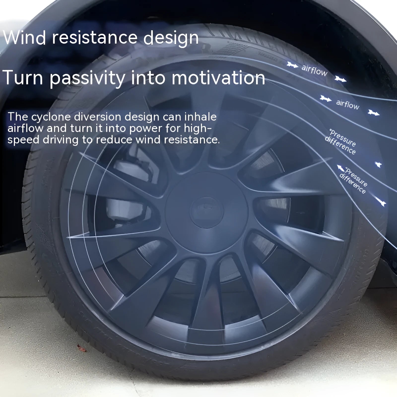 Set of four plastic wheel hub covers for Tesla Model Y in carbon fibre pattern finish.