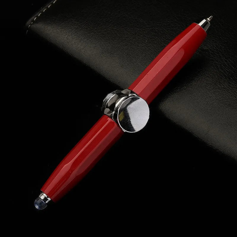 Metal gyro ballpoint pen with LED spinner at base, showing 10.5cm length and available ink colour options.