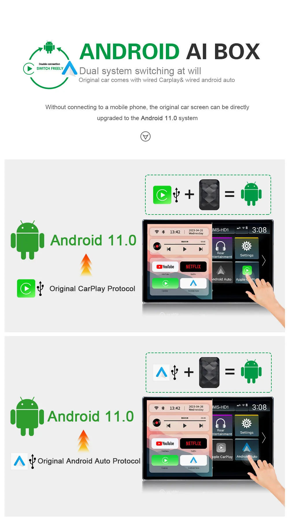 Android 11 wireless car smart box upgrade unit with ABS plastic casing showing dimensions