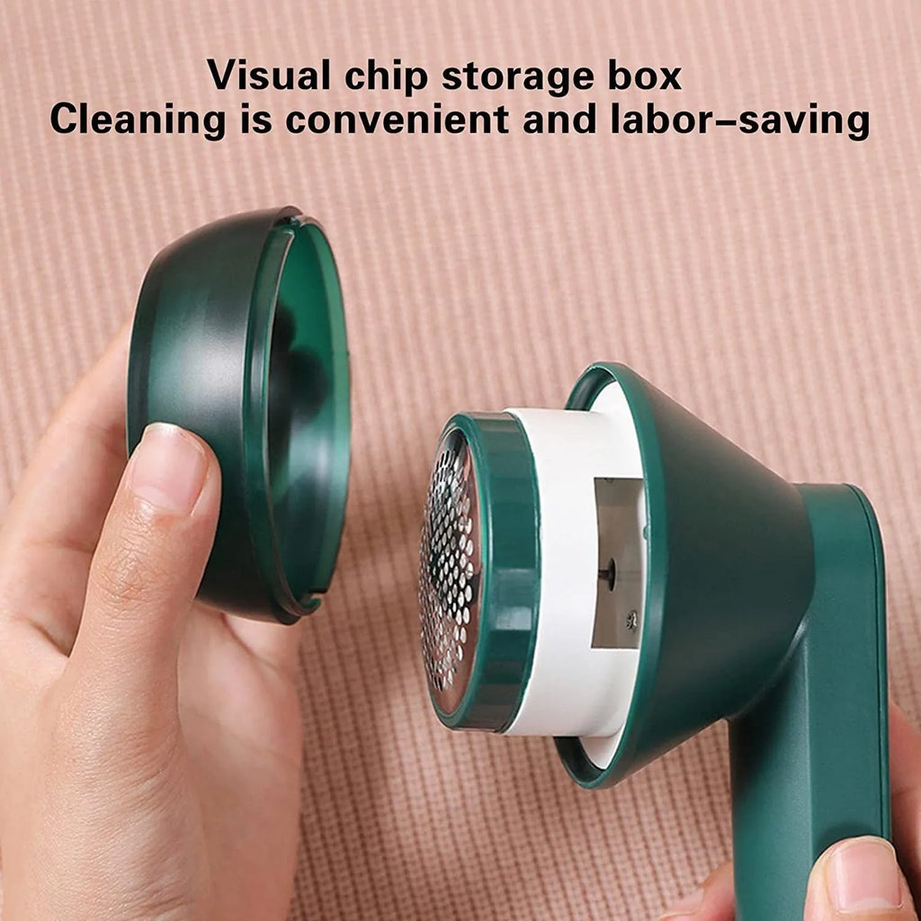 White or green USB rechargeable electric lint remover with a removable lint collection container