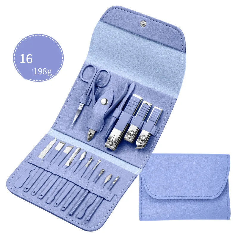 Professional stainless steel manicure and pedicure tool set in black leather case with nail clippers, cuticle pliers, and cuticle knife