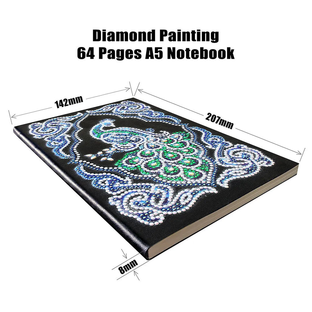 Black A5 diamond painting notebook for creating a peacock-themed journal with shaped drills.