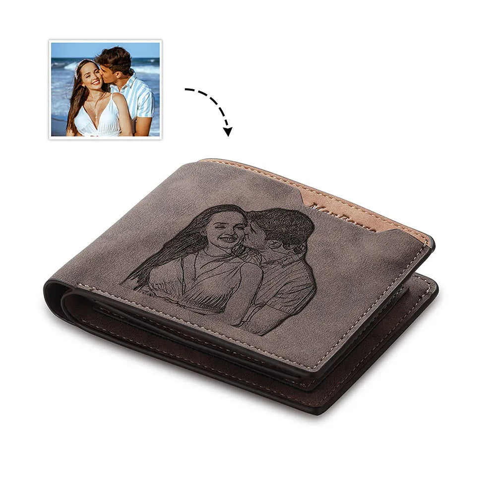 Coffee-coloured engraved horizontal PU leather wallet with personalisation, shown closed.