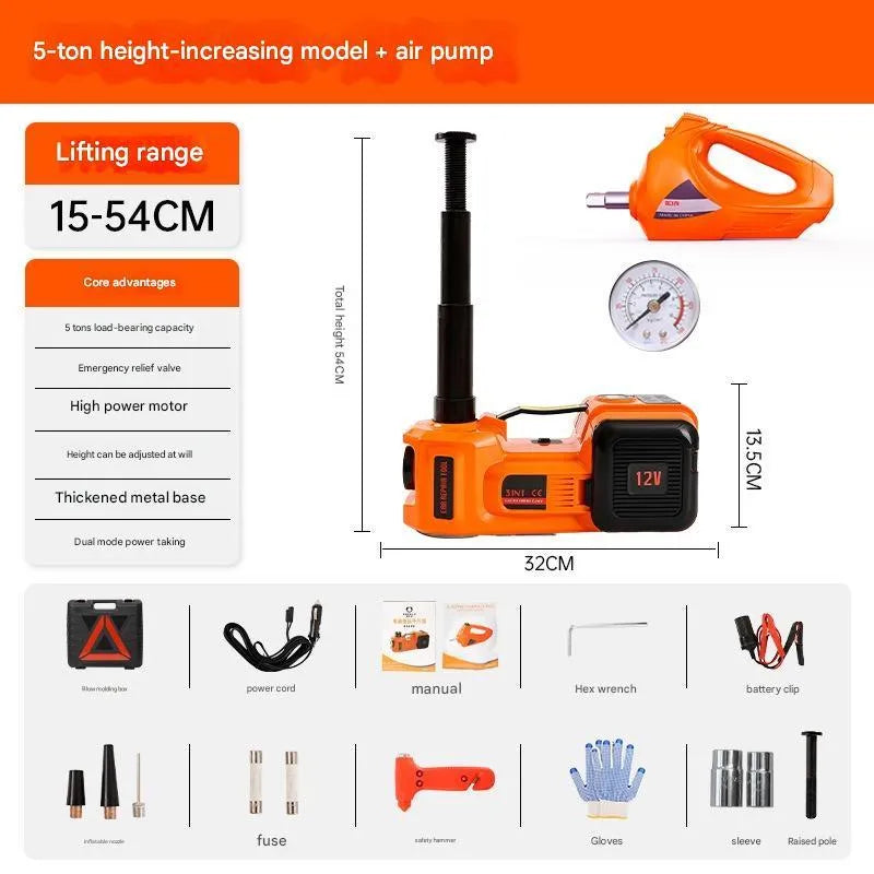 12V electric hydraulic jack off-road edition 3-in-1 tire change tool with inflator hose and wrench on storage bag