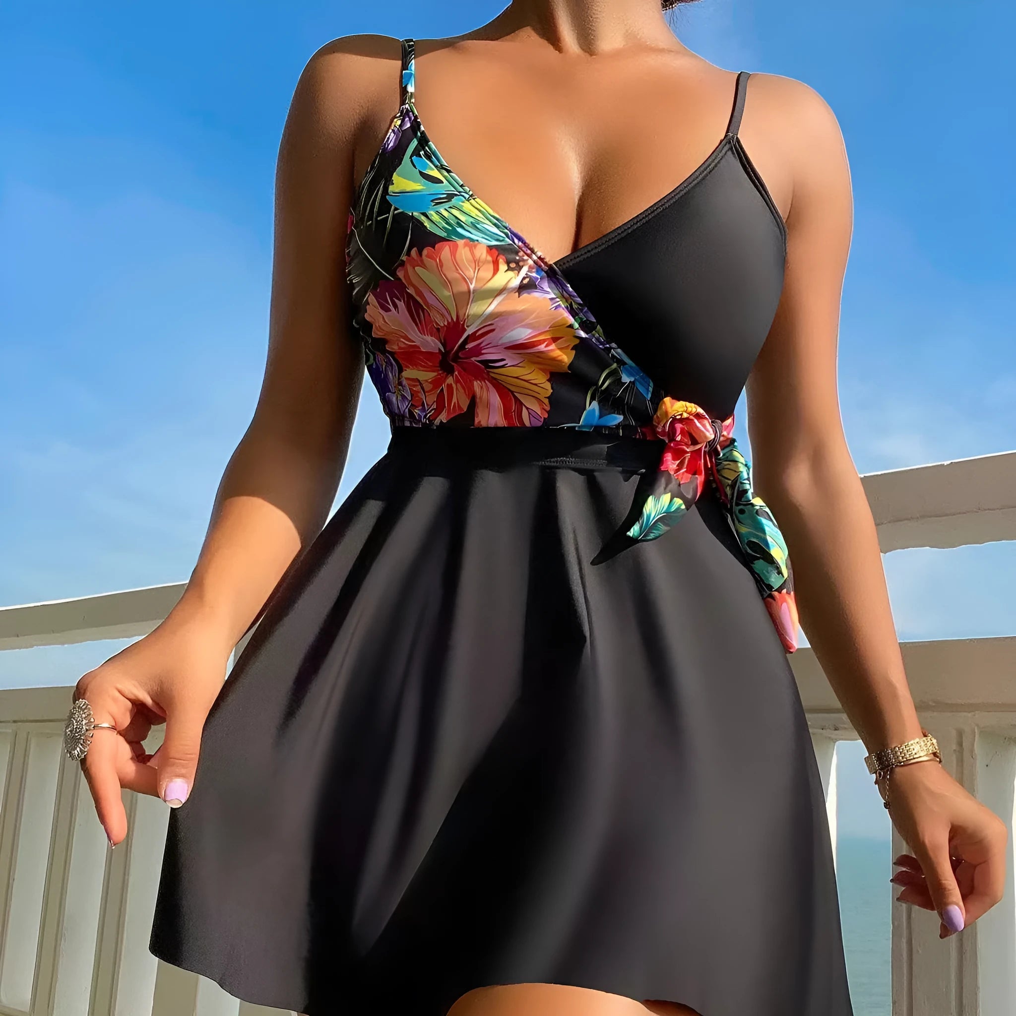 Black women's high waist briefs printed split bikini swimsuit for sports and swimming activities