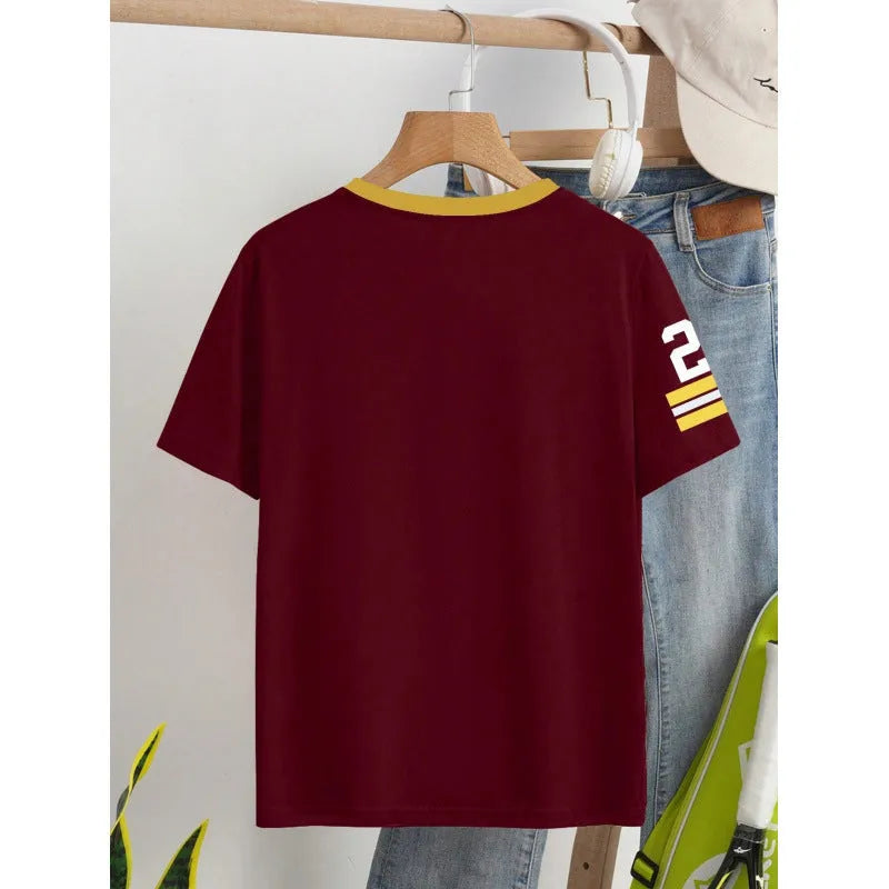 Red loose fit cotton t-shirt with digital letter printing and short sleeves