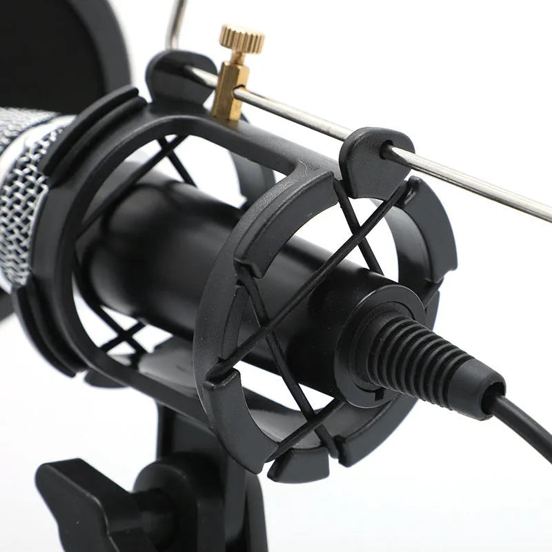 Black condenser microphone with aluminium stand for mobile streaming and live broadcast