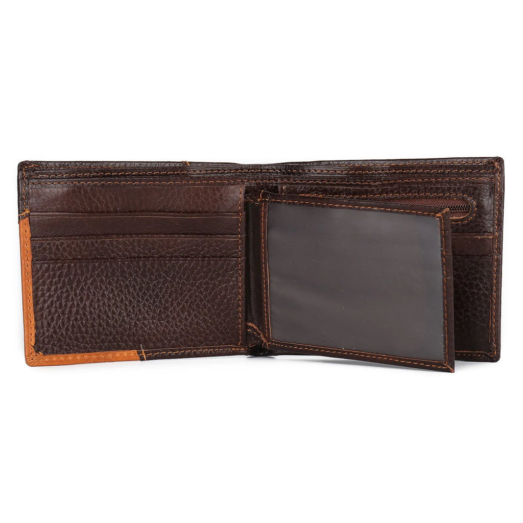 Men's brown leather wallet with white contrast stitching, open to show card slots, zipper coin pocket, and bill compartment.