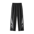 Men's straight leg casual trousers in black, featuring a mid waist with elastic and a cardigan button fly.