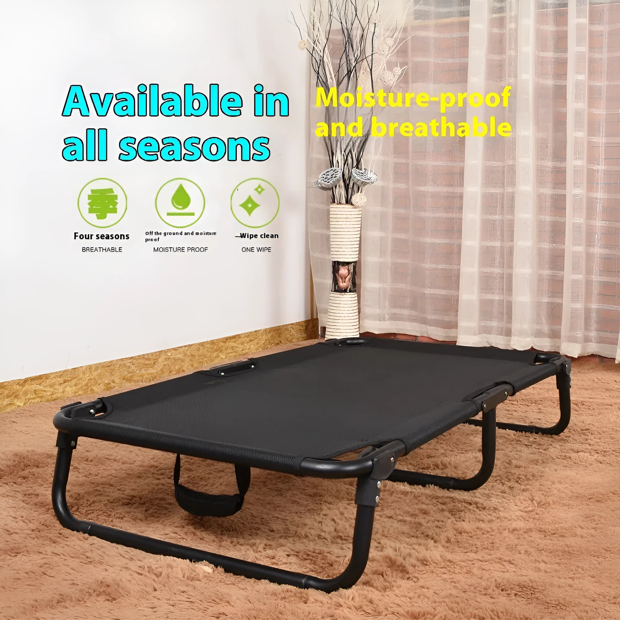 Folding dog camp bed with steel frame, mesh sides, and a mattress in size L