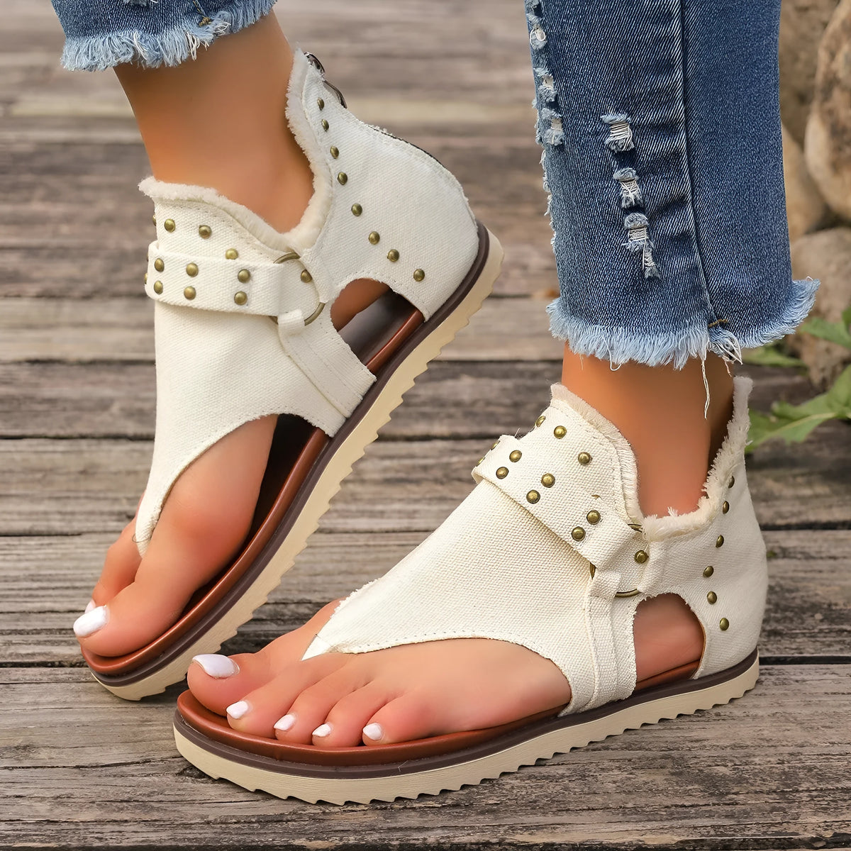 Women's denim thong sandals with rear zipper, PU upper, flat rubber sole, round toe, side hollow, sizes 36-43