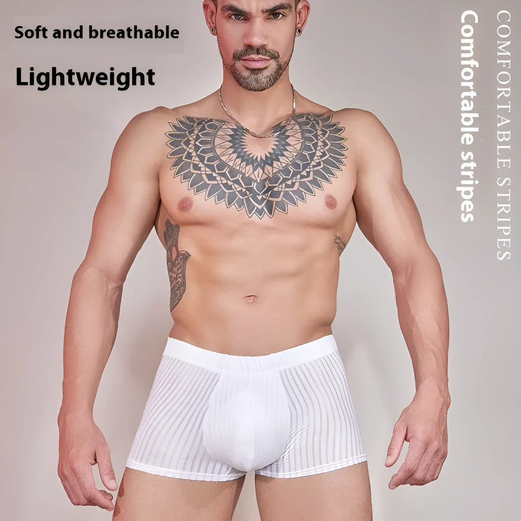 Men's black striped nylon underwear, thin and lightweight briefs laid flat.