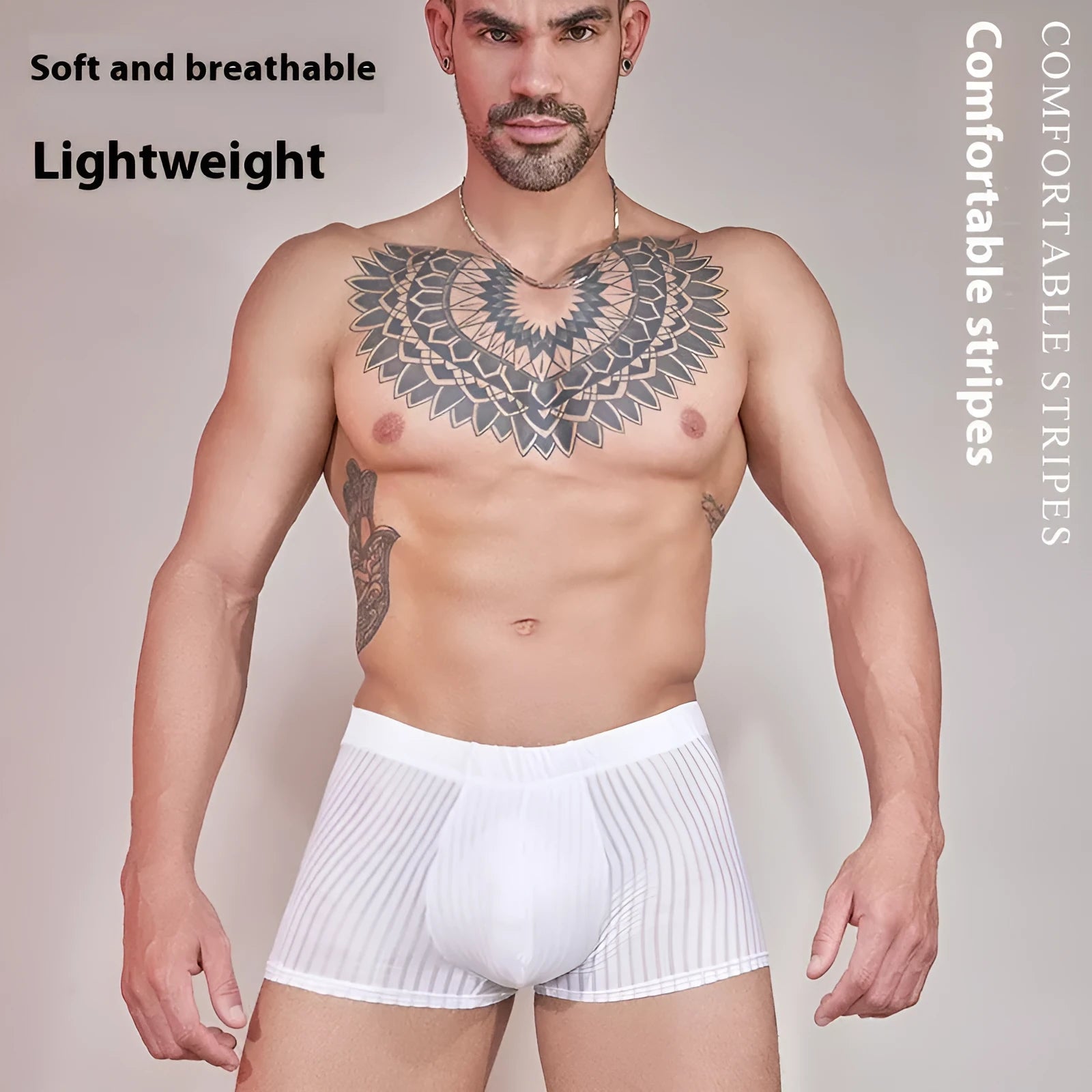 Men's black striped nylon underwear, thin and lightweight briefs laid flat.