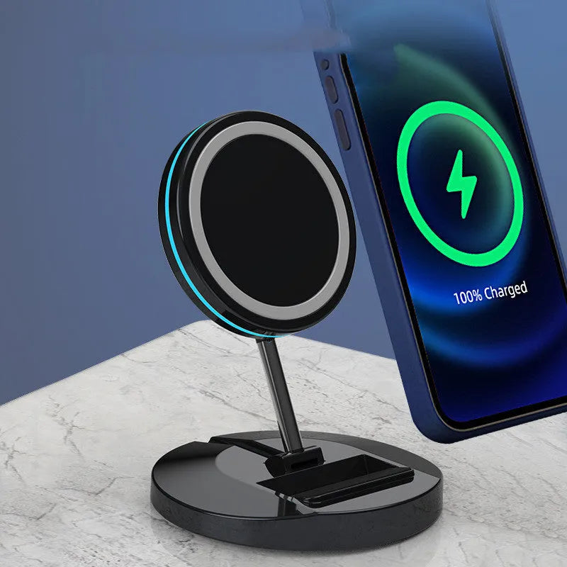 Folding magnetic wireless charging stand for iPhone 12 showing collapsed and extended positions