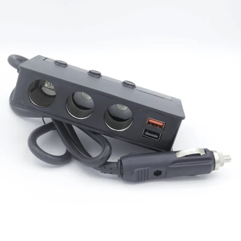 Car charger with cigarette lighter socket, one-for-three, QC3.0, 70cm cable, black or red, ABS body, 295g