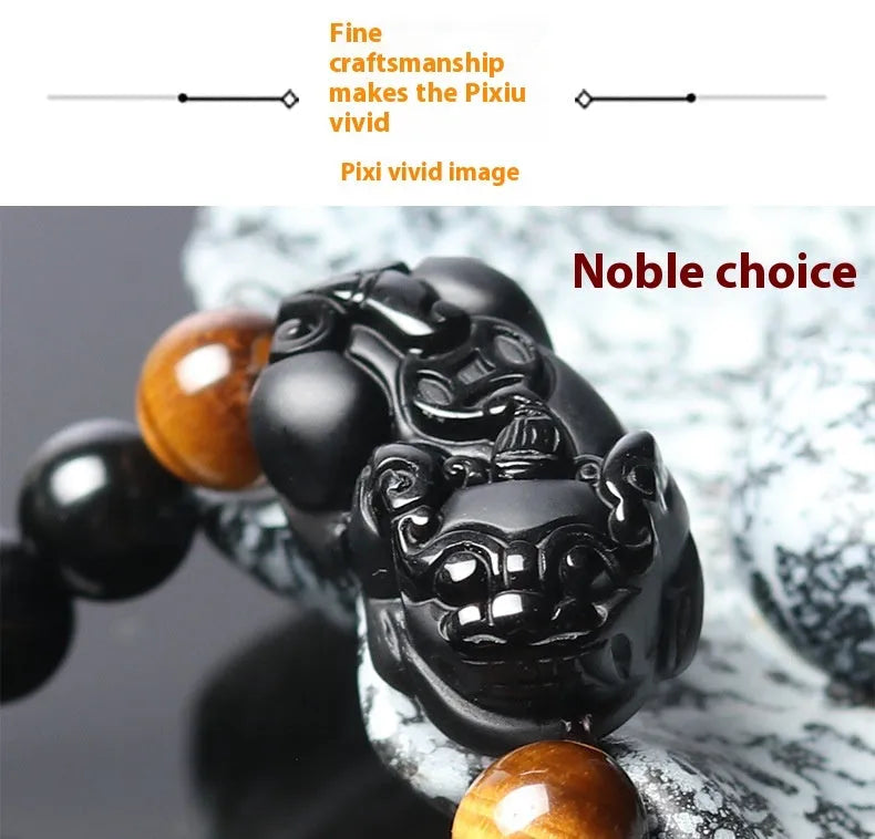 Black obsidian bracelet with gold sheen finish and Pixiu charm in four size options