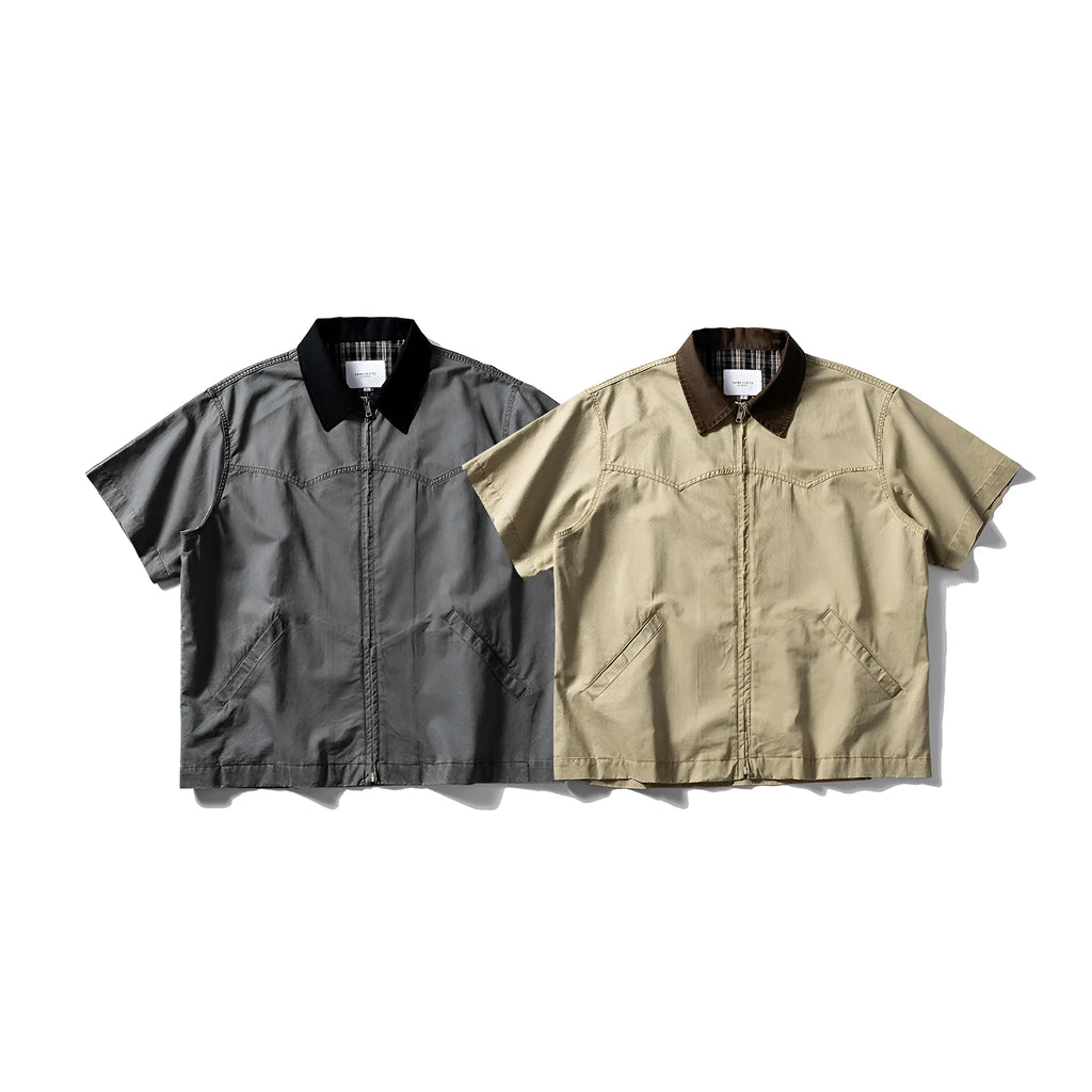 Grey loose-fit washed overalls short sleeve cardigan shirt on a hanger