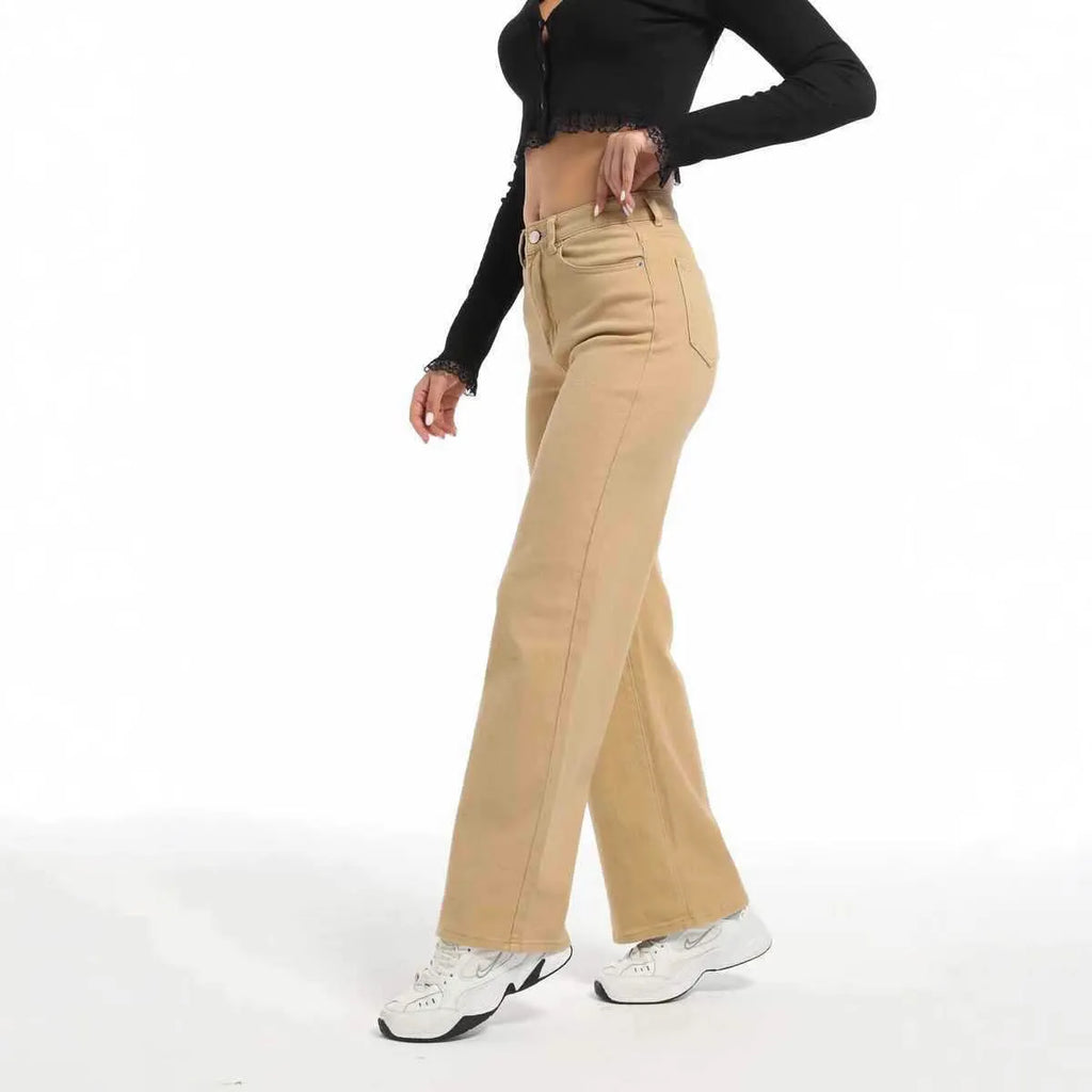Women's straight leg wide trousers in apricot colour with high waist