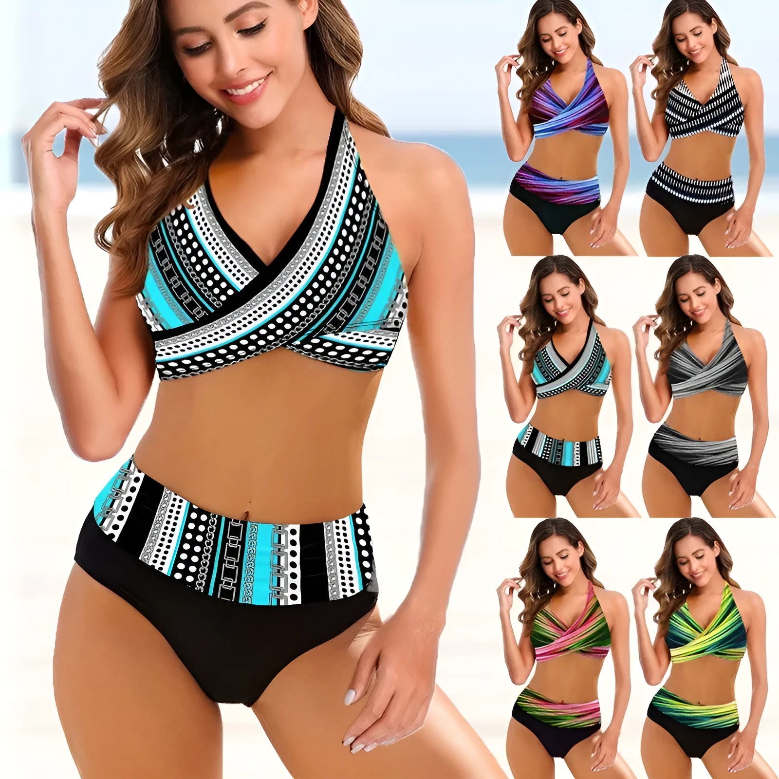 Women's striped tie-dye bikini set with hollow design and high-waisted briefs on a model.
